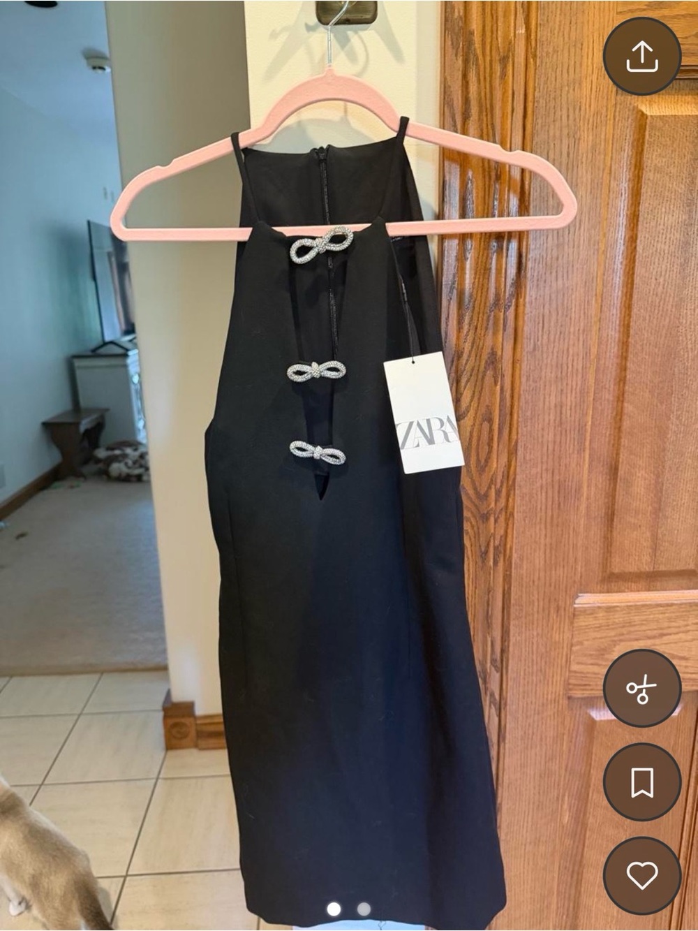 ZARA Black Halter Mini Dress with Rhinestone Knot Details